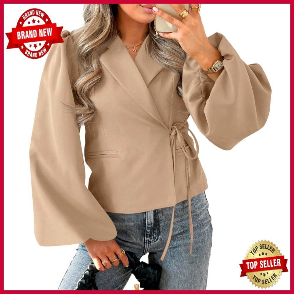 Puff Sleeve V-Neck Wrap Cropped Blazer Work Office Casual